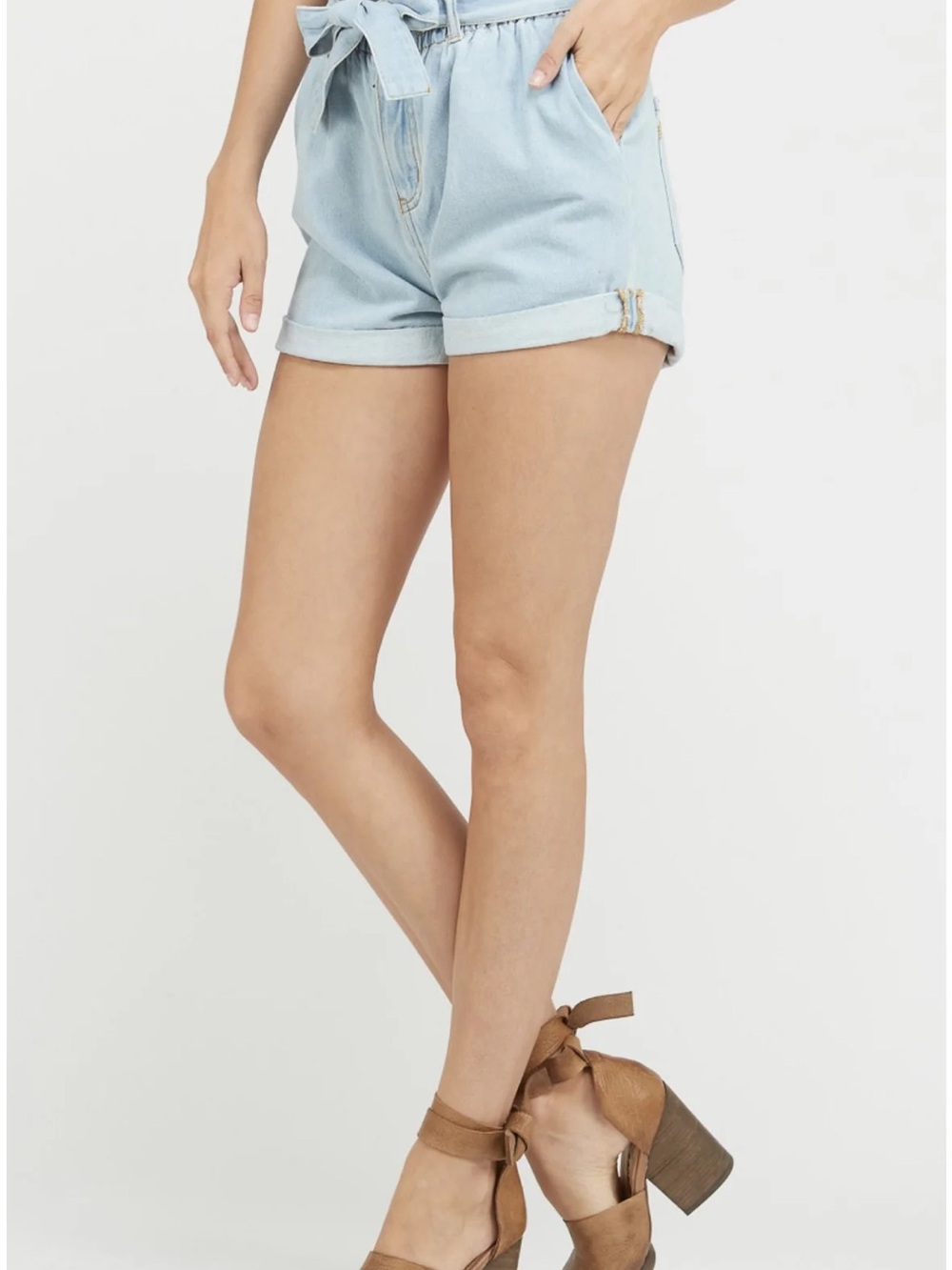 Light Wash Denim Paperbag Shorts - Light Blue